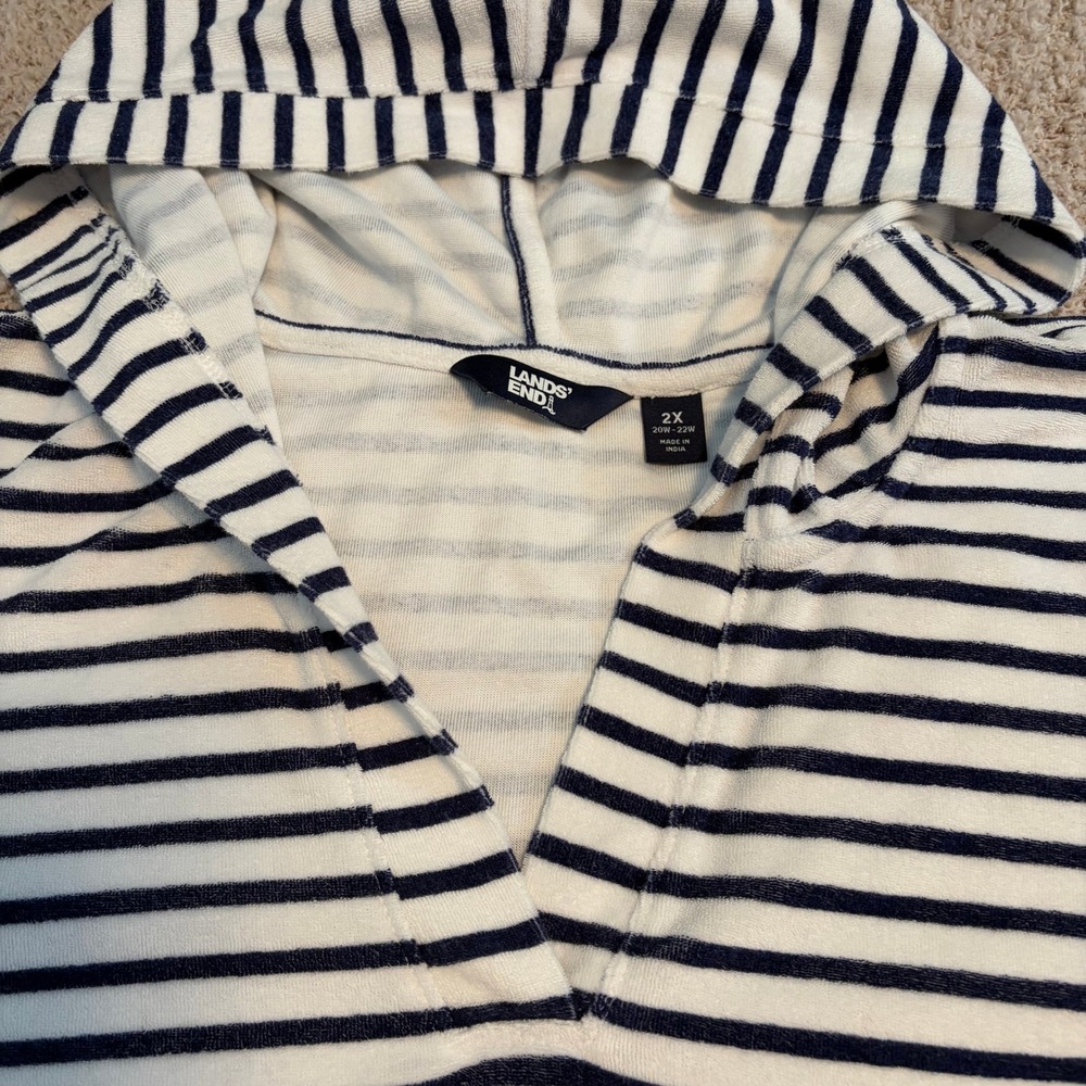 Lands End Navy White Terry Cloth Hooded Swim Cover Up Striped Tunic Womens XXL - Picture 4 of 6